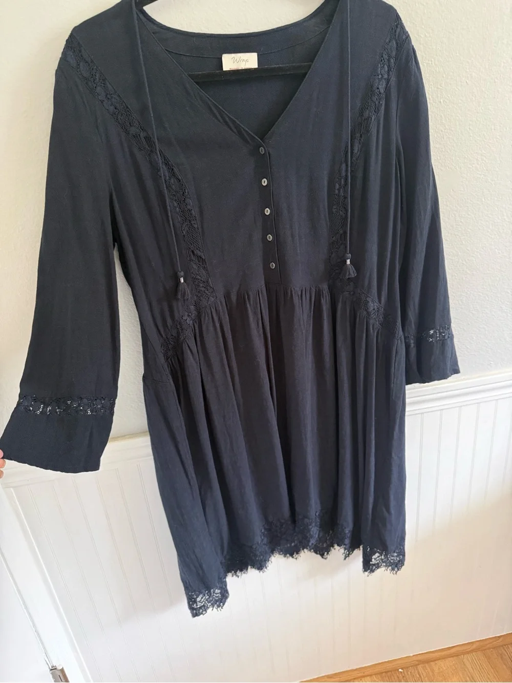 Wrap London Navy Long Sleeve Lace Trim Midi Dress - Picture 3 of 6